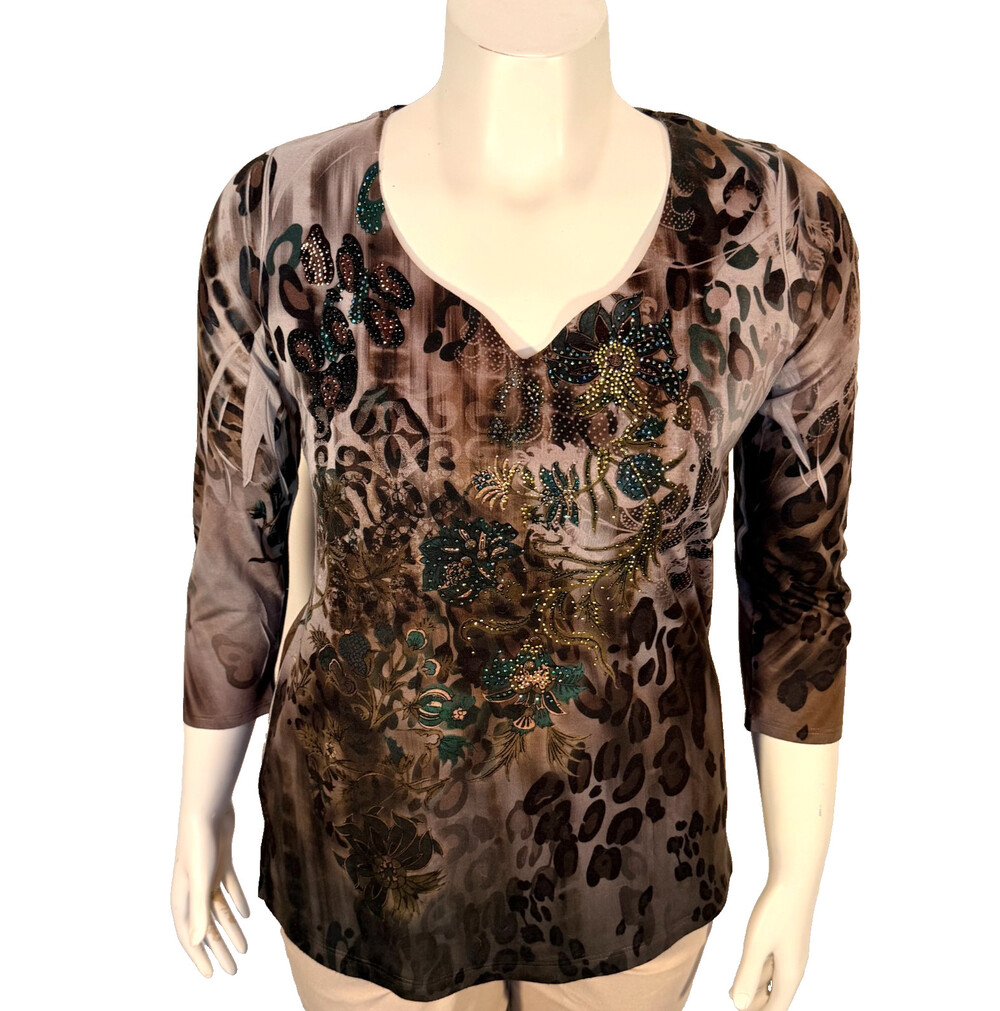 Azul Blouse Women's L Taupe Black teal Animal Floral beaded V-Neck 3/4 Sleeve
